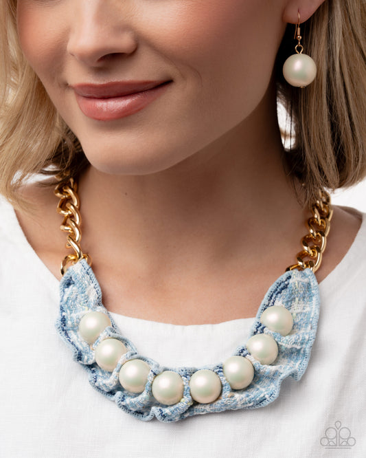 Timeless Tweed Blue Necklace and Tailored Taste Gold Earrings Combo Set
