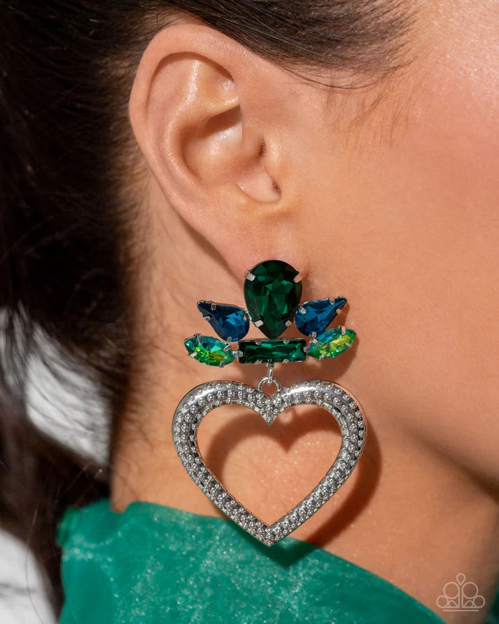 Pushing Perfection - Multi Blue Green Gem Silver Heart Post Earrings - LOP