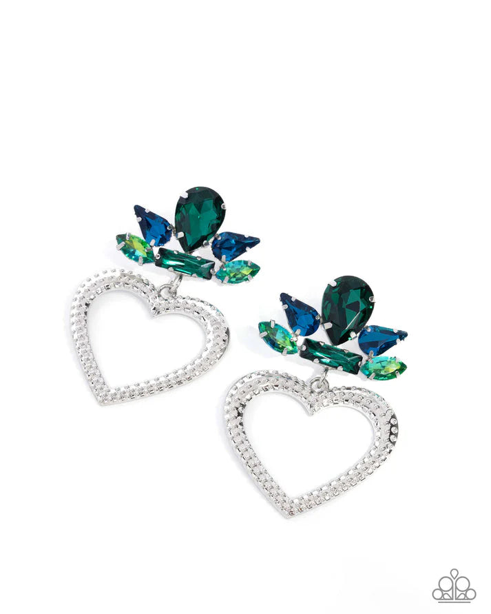 Pushing Perfection - Multi Blue Green Gem Silver Heart Post Earrings - LOP