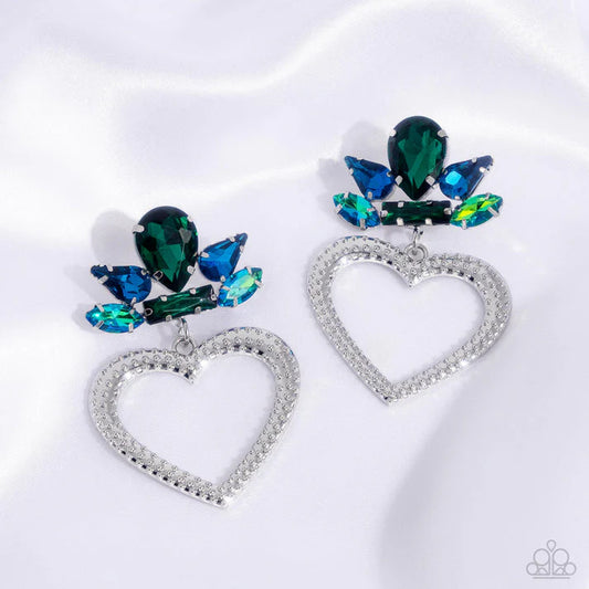 Pushing Perfection - Multi Blue Green Gem Silver Heart Post Earrings - LOP