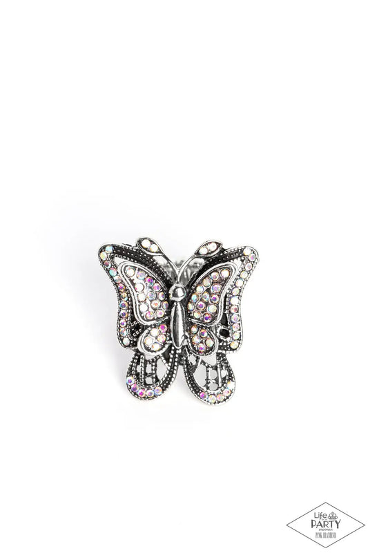 Free To Fly - Multi Iridescent Rhinestone Silver Butterfly Ring